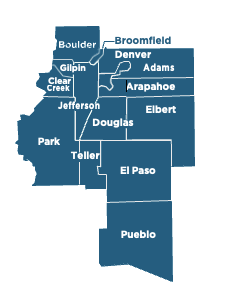 Colorado Access Choice service area map highlighting Adams, Arapahoe, Boulder, Broomfield, Clear Creek, Denver, Douglas, Elbert, El Paso, Gilpin, Jefferson, Park, Pueblo and Teller counties.