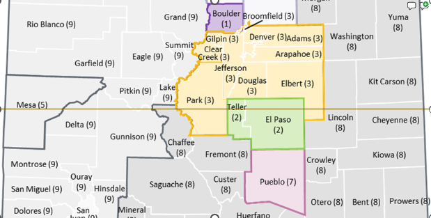 Map of Colorado counties shaded by rating area: Boulder (1), El Paso and Teller (2), Denver metro counties (3), and Pueblo (7).